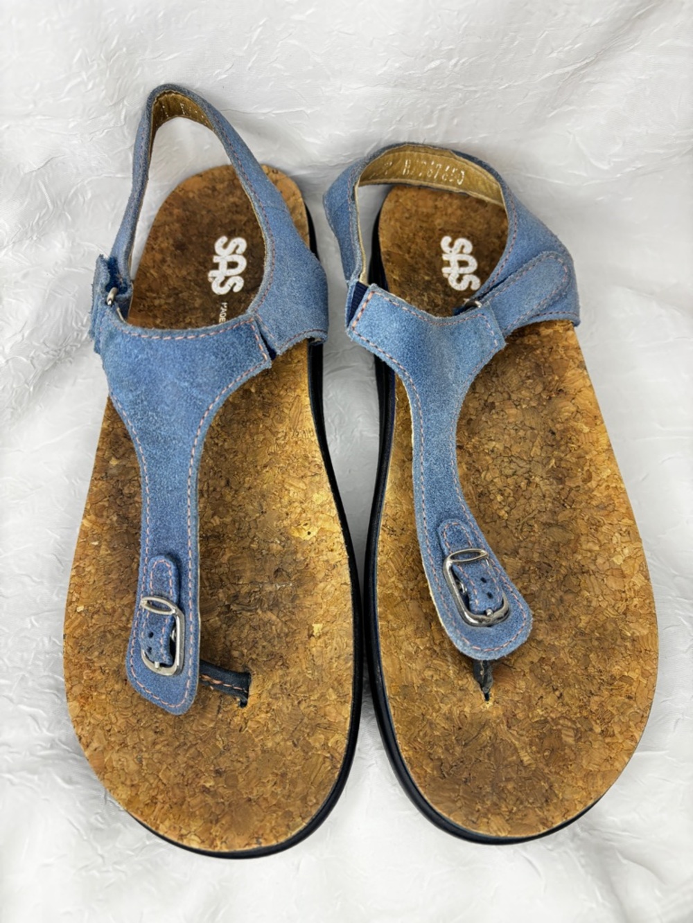 Blue Suede SAS Marina T-Strap Comfort Sandals with Cork Footbed - 8.5 - - Picture 2 of 15